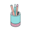 Cartoon of colorful pencils in a cup.