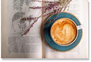 A book with a lavender flower and a coffee cup on top of it.