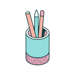 Cartoon of colorful pencils in a cup.